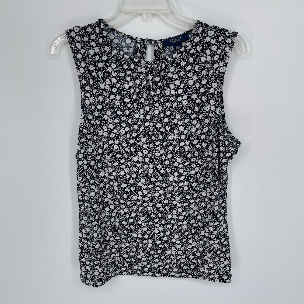 Chaps Women's Navy Floral Sleeveless Crew Neck Keyhole Tank Top Blouse Size L